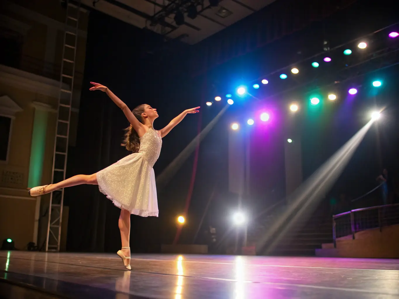A young girl confidently performing a baton twirling routine on stage during a competition, with a supportive audience cheering her on.