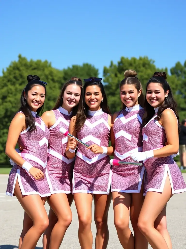 A group of children in uniform smiling and holding batons, representing the teamwork and camaraderie fostered in the programs.
