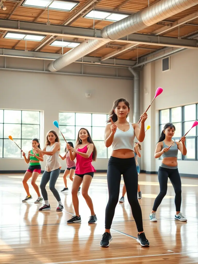 A dynamic image of young athletes practicing baton twirling in a gymnasium, showcasing their skill and dedication.
