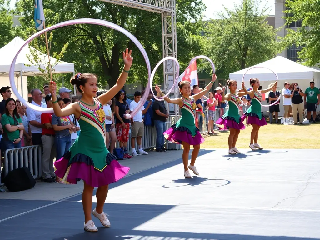 A group of young baton twirlers practicing in a park, showcasing their skills with smiles and enthusiasm, under the guidance of an instructor.